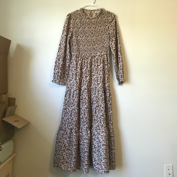 EUC Hayden Smocked Ruffle Neck Midi Sundress Gray and Brown Tiered Size S - Picture 1 of 6